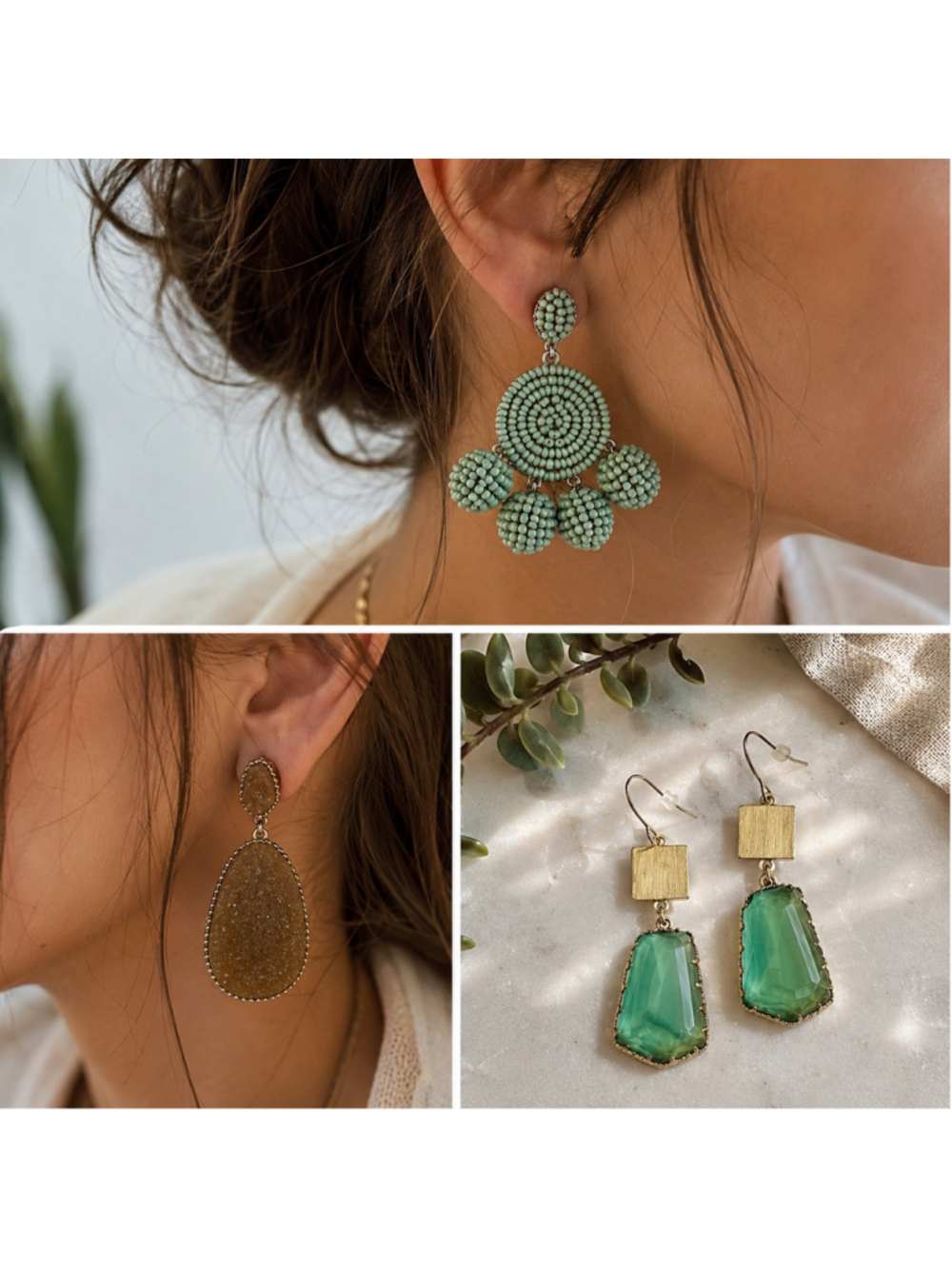 Set of 3 Statement Earrings Green Beaded Druzy Gemstone Drop Boho Boutique